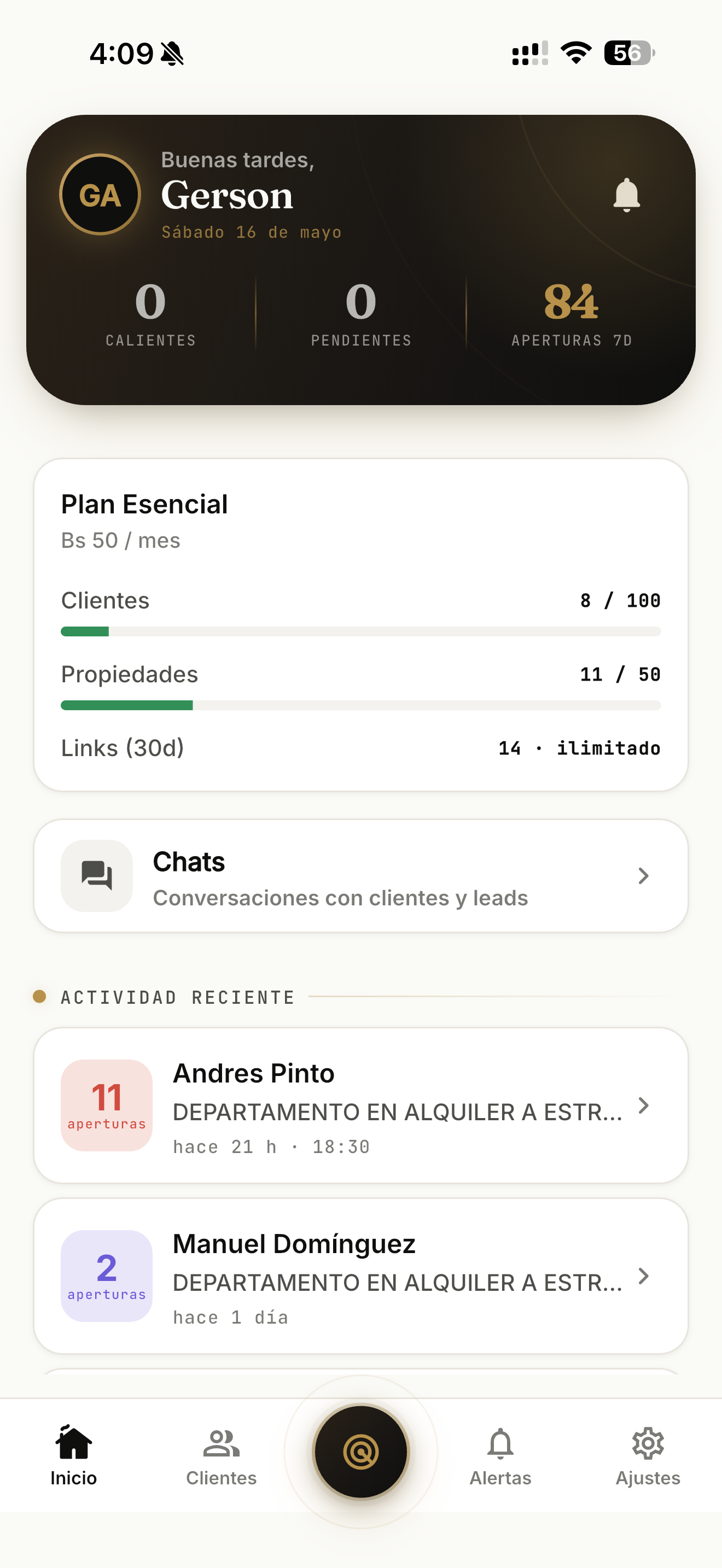 Pantalla principal de InmoPro: Buenas tardes, Gerson. Plan, KPIs y actividad reciente