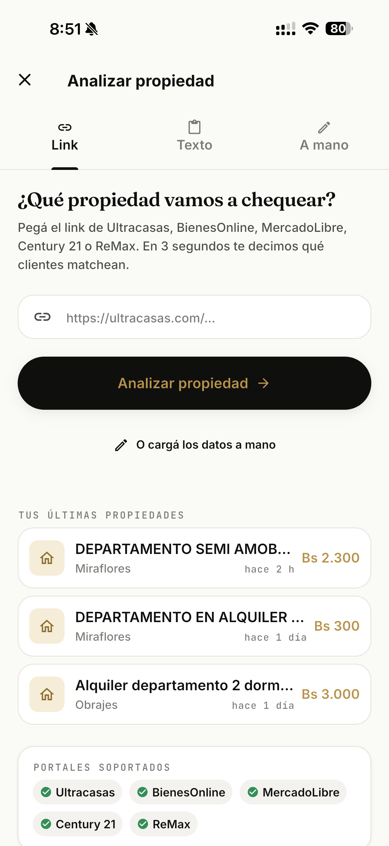 Pantalla Analizar propiedad de InmoPro con tabs Link, Texto y A mano