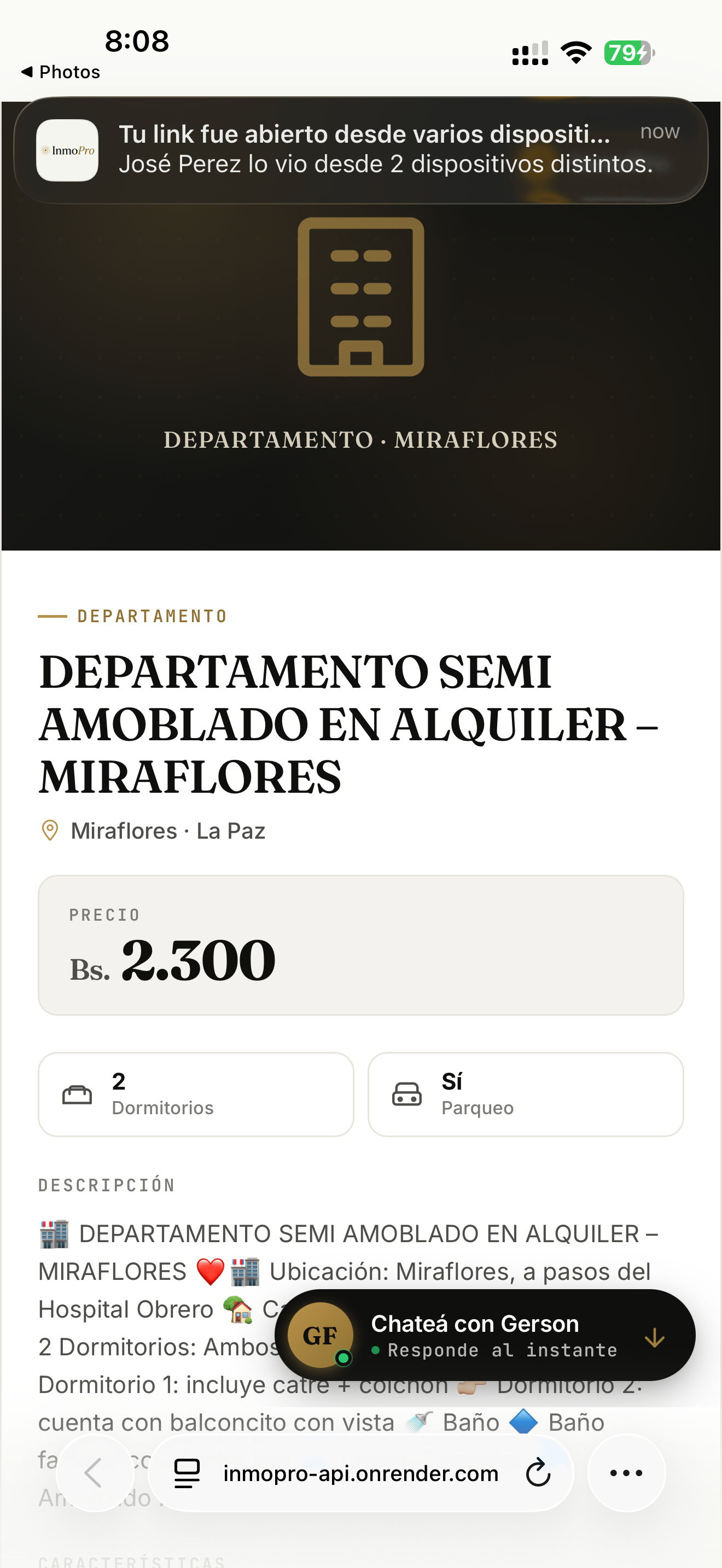 Mini página web que ve el cliente al abrir el link de InmoPro