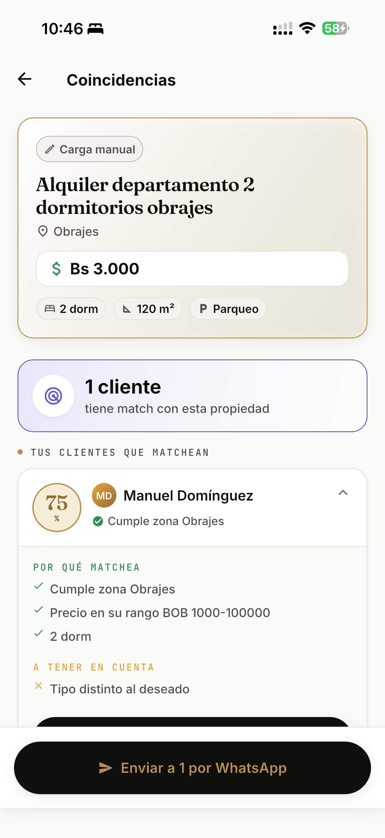 Coincidencias automáticas entre propiedades y clientes con envío directo por WhatsApp