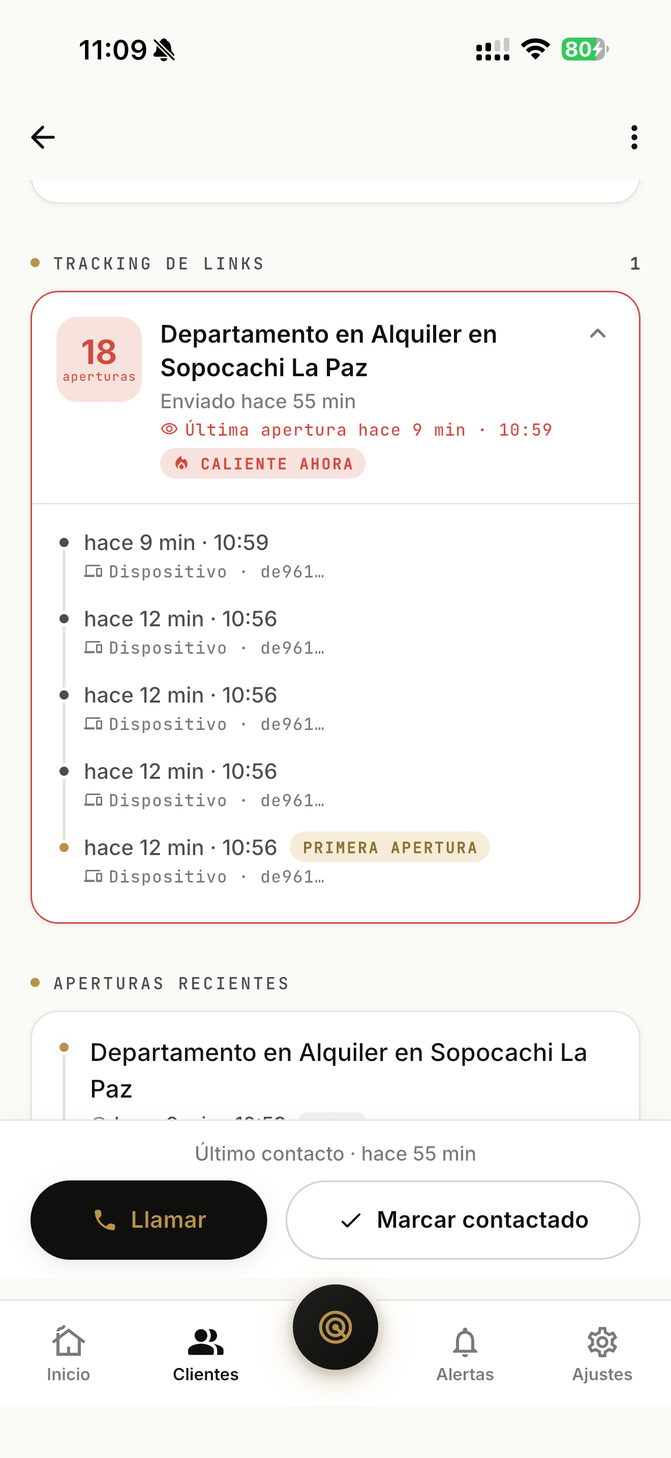 Vista de detalle de una propiedad con descripción, fotos y acciones rápidas