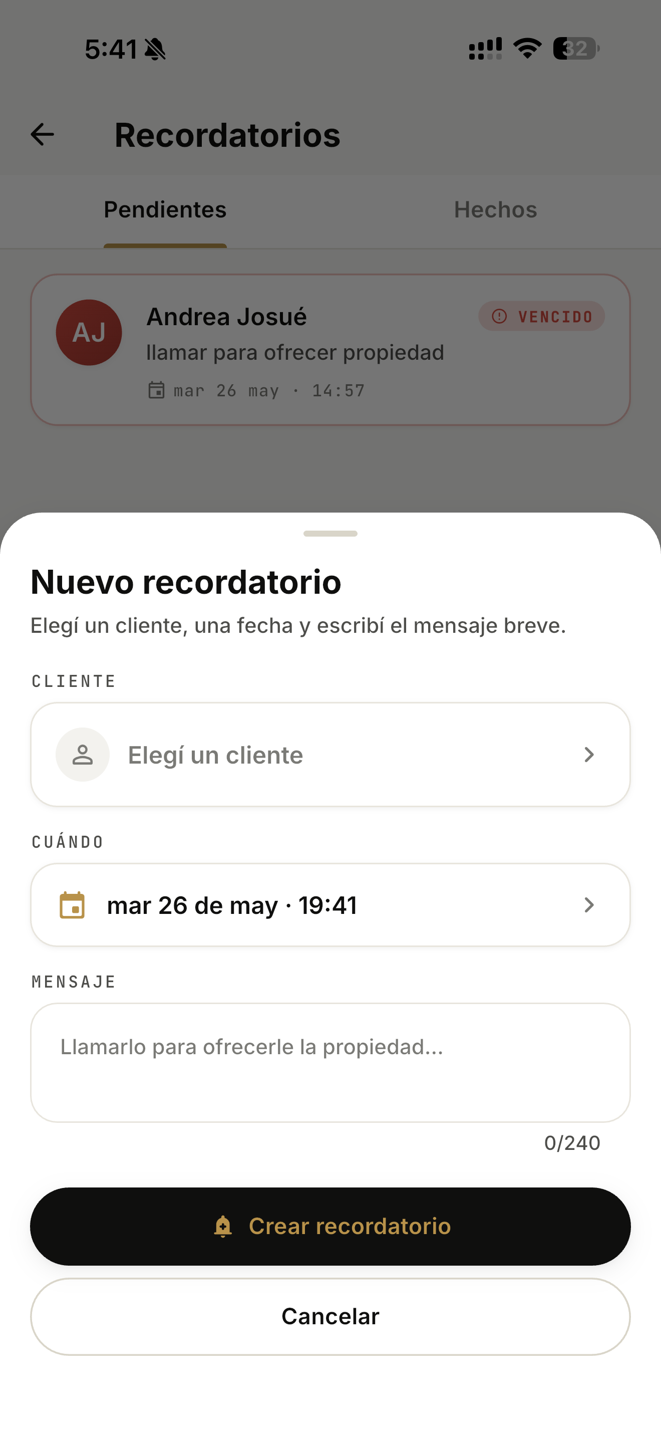 Modal de Nuevo recordatorio en InmoPro