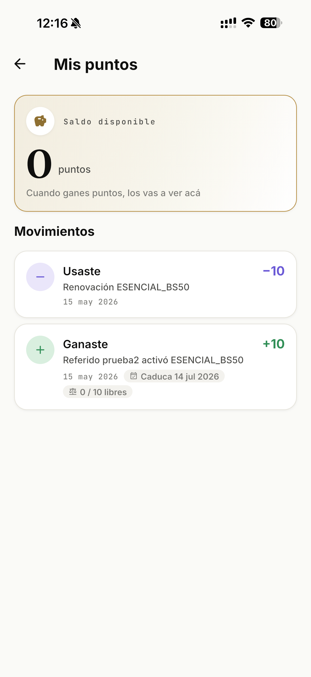Pantalla Mis puntos con saldo disponible y movimientos
